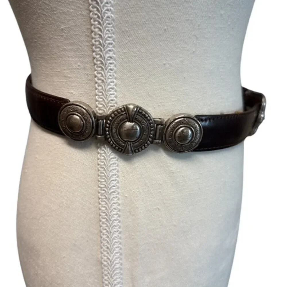 Fossil Skinny Belt Brown Leather Womens S Ornate Silver Metal Buckle and Keeper